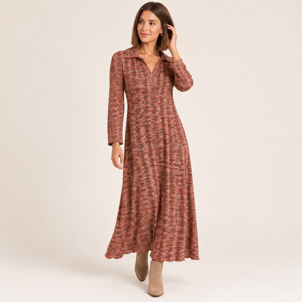 Ming Wang Womens XL Space Dye Knit Maxi Dress Fall Colors Polo V-Neck Viscose